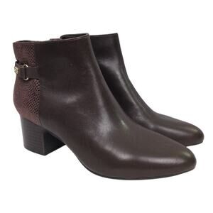 Anne Klein iflex Akhilda Almond Toe Chunky Heel Brown Leather Ankle Bootie 8M